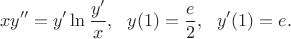 \[xy'' = y'\ln\frac{y'}{x},~~y(1)=\frac{e}{2},~~y'(1)=e.\[