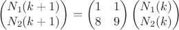 $$\begin{pmatrix} N_1(k + 1) \\ N_2(k + 1)\end{pmatrix} = \begin{pmatrix} 1 & 1 \\ 8 & 9 \end{pmatrix} \begin{pmatrix} N_1(k) \\ N_2(k)\end{pmatrix}$$