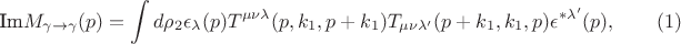 $$
 \text{Im}M_{\gamma \to \gamma}(p) = \int d\rho_{2}\epsilon_{\lambda}(p)T^{\mu\nu\lambda}(p, k_{1}, p+k_{1})T_{\mu \nu\lambda'}(p+k_{1},k_{1},p)\epsilon^{*\lambda'}(p), \qquad (1)
$$