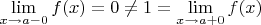 $\lim\limits_{x\to a-0}f(x)=0\neq 1=\lim\limits_{x\to a+0}f(x)$