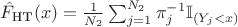 $\hat{F}_{\text{HT}}(x) = \frac{1}{N_2}\sum_{j=1}^{N_2}\pi_j^{-1}\mathbb{I}_{(Y_j<x)}$