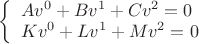 $\left\{\begin{array}{l}Av^0+Bv^1+Cv^2=0\\Kv^0+Lv^1+Mv^2=0\end{array}\right.$