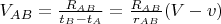 $V_{AB}=\frac{R_{AB}}{t_B-t_A}=\frac{R_{AB}}{r_{AB}}(V-v)$