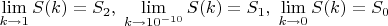 $\lim\limits_{k\to1}S(k)=S_2,\; \lim\limits_{k\to10^{-10}}S(k)=S_1,\; \lim\limits_{k\to0}S(k)=S_0$
