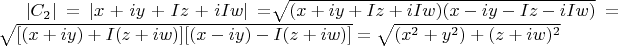 $|C_2|=|x+iy+Iz+iIw|=$\sqrt{(x+iy+Iz+iIw)(x-iy-Iz-iIw)}=\sqrt{[(x+iy)+I(z+iw)][(x-iy)-I(z+iw)]}=\sqrt{(x^2+y^2)+(z+iw)^2}