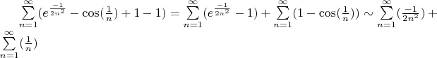 $\sum\limits_{n=1}^{\infty}(e^{\frac{-1}{2n^2}}-\cos(\frac{1}{n})+1-1)=\sum\limits_{n=1}^{\infty}(e^{\frac{-1}{2n^2}}-1)+\sum\limits_{n=1}^{\infty}(1-\cos(\frac{1}{n}))\sim\sum\limits_{n=1}^{\infty}(\frac{-1}{2n^2})+\sum\limits_{n=1}^{\infty}(\frac{1}{n})$