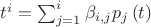 ${{t}^{i}}=\sum\nolimits_{j=1}^{i}{{{\beta }_{i,j}}}{{p}_{j}}\left( t \right)$