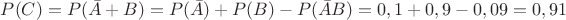 $P(C)=P(\bar A+ B)=P(\bar A)+P(B)-P(\bar AB)=0,1+0,9-0,09=0,91$