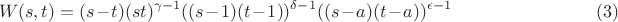 $$
W(s,t)=(s-t)(st)^{\gamma-1}((s-1)(t-1))^{\delta-1}((s-a)(t-a))^{\epsilon-1}\qquad\qquad\qquad\qquad(3)
$$ $$
W(s,t)=(s-t)(st)^{\gamma-1}((s-1)(t-1))^{\delta-1}((s-a)(t-a))^{\epsilon-1}\qquad\qquad\qquad\qquad(3)
$$