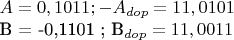 $A = 0,1011 ; -A_{dop} = 11,0101

B = -0,1101 ; B_{dop} = 11,0011 $