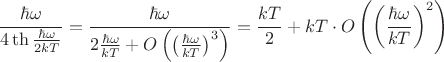 $$\frac{\hbar\omega}{4\th\frac{\hbar\omega}{2kT}}=\frac{\hbar\omega}{2\frac{\hbar\omega}{kT}+O\left(\left(\frac{\hbar\omega}{kT}\right)^3 \right)}=
\frac{kT}{2}+kT\cdot O\left(\left(\frac{\hbar\omega}{kT}\right)^2 \right)$$