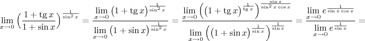 $$\lim\limits_{x\to 0}\Big(\dfrac{1+\tg x}{1+\sin x}\Big)^{\frac{1}{\sin^2x}}=
\dfrac{\lim\limits_{x\to 0}\big(1+\tg x\big)^{\frac{1}{\sin^2x}}}{\lim\limits_{x\to 0}\big(1+\sin x\big)^{\frac{1}{\sin^2x}}}=
\dfrac{\lim\limits_{x\to 0}\Big(\big(1+\tg x\big)^{\frac{1}{\tg x}}\Big)^{\frac{\sin x}{\sin^2 x\cos x}}}{\lim\limits_{x\to 0}\Big(\big(1+\sin x\big)^{\frac{1}{\sin x}}\Big)^{\frac{1}{\sin x}}}=
\dfrac{\lim\limits_{x\to 0}e^{\frac{1}{\sin x\cos x}}}{\lim\limits_{x\to 0}e^{\frac{1}{\sin x}}}=$$