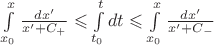 $\int\limits_{x_0}^{x}\frac{dx'}{x'+C_+}\leqslant\int\limits_{t_0}^{t}dt\leqslant\int\limits_{x_0}^{x}\frac{dx'}{x'+C_-}$