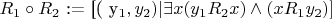 $R_1\circ R_2$ := [( y_1,y_2) | \exists x (y_1R_2x) \wedge (xR_1y_2)]