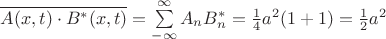 $\overline{A(x,t)\cdot B^\ast(x,t)}=\sum\limits_{-\infty}^{\infty}A_nB^\ast_n=\frac14a^2(1+1)=\frac12a^2$