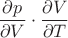 $\dfrac{\partial p}{\partial V}\cdot\dfrac{\partial V}{\partial T}$