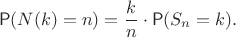 $$\mathsf P(N(k)=n) = \frac{k}{n} \cdot \mathsf P(S_n =k).$$