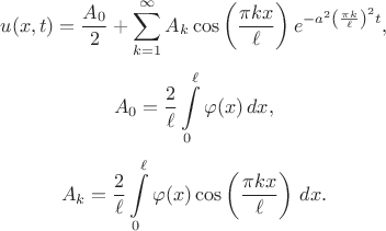 $$u(x,t)=\frac{A_0}{2}+\sum\limits_{k=1}^{\infty} A_k\cos\left(\frac{\pi k x}{\ell}\right)e^{-a^2\left(\frac{\pi k}{\ell}\right)^2t},$$
$$A_0=\frac{2}{\ell}\int\limits_{0}^{\ell} \varphi(x)\,dx,$$
$$A_k=\frac{2}{\ell}\int\limits_{0}^{\ell} \varphi(x)\cos\left(\frac{\pi k x}{\ell}\right)\,dx.$$