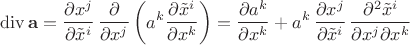 $$\operatorname{div}\mathbf a =\frac{\partial x^j}{\partial \tilde x^i}\,\frac{\partial}{\partial x^j}\left(a^k \frac{\partial \tilde x^i}{\partial x^k}\right)=\frac{\partial a^k}{\partial x^k}+a^k\,\frac{\partial x^j}{\partial \tilde x^i}\,\frac{\partial^2 \tilde x^i}{\partial x^j \partial x^k}$$