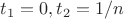 $t_1=0, t_2=1/n$