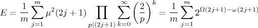 $$E=\frac {1} {m}\sum_{j=1}^{m} \mu^2(2j+1)\prod _{p \mid(2j+1)} \sum_{k=0}^{\infty}\left(\dfrac{2}{p}\right)^k=\frac {1} {m} \sum_{j=1}^{m} 2^{\Omega(2j+1)-\omega(2j+1)}$$