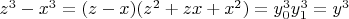 $z^3-x^3=(z-x)(z^2+zx+x^2)=y_0^3y_1^3=y^3$