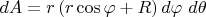 $ dA=r\left(r\cos \varphi +R\right)d\varphi\ d\theta\  $