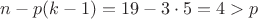 $n-p(k-1)=19-3\cdot5=4>p$ $n-p(k-1)=19-3\cdot5=4>p$