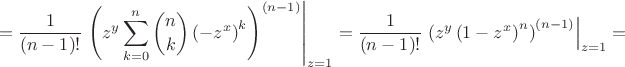$$=\dfrac{1}{(n-1)!}\left.\left(z^y \sum\limits_{k=0}^n \binom{n}{k}\left(-z^x\right)^k\right)^{(n-1)}\right|_{z=1}=\dfrac{1}{(n-1)!}\left.\left(z^y \left(1-z^x\right)^{n}\right)^{(n-1)}\right|_{z=1}=$$