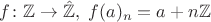 $f\colon \mathbb Z\to\hat{\mathbb Z},\;f(a)_n = a + n\mathbb Z$