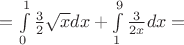 $=\int\limits_{0}^{1}\frac{3}{2}\sqrt{x}dx+\int\limits_{1}^{9}\frac{3}{2x}dx=$