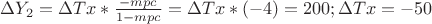 $\Delta Y_{2}=\Delta Tx*\frac{-mpc}{1-mpc}=\Delta Tx*(-4)=200;\Delta Tx=-50$