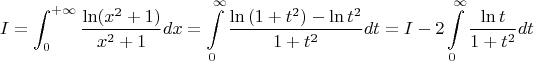 $$I=\int_{0}^{+\infty}{\frac {\ln(x^2+1)}{x^2+1}}dx=\int\limits_{0}^{\infty}\frac{\ln{(1+t^2)}-\ln{t^2}}{1+t^2}dt=I-2\int\limits_{0}^{\infty}\frac{\ln{t}}{1+t^2}dt$
$