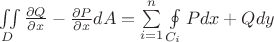 $\iint\limits_{D}^{}\frac{\partial Q}{\partial x}-\frac{\partial P}{\partial x} dA = \sum\limits_{i=1}^{n}\oint\limits_{C_i}^{}P dx + Q dy$
