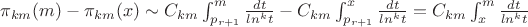 $\pi_{km}(m)-\pi_{km}(x) \sim  C_{km}\int_{p_{r+1}}^{m}{\frac {dt} {ln^k t}}-C_{km}\int_{p_{r+1}}^{x}{\frac {dt} {ln^k t}}=C_{km}\int_{x}^{m}{\frac {dt} {ln^k t}}$