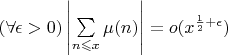 $(\forall \epsilon > 0)\left|\sum\limits_{n\leqslant x}\mu(n)\right|=o(x^{\frac{1}{2}+\epsilon})$