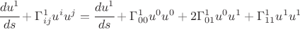 $ \cfrac{d u^1}{ds} + \Gamma^1_{ij} u^i u^j= \cfrac{du^1}{ds} + \Gamma^1_{00} u^0 u^0 + 2 \Gamma^1_{01} u^0 u^1 + \Gamma^1_{11} u^1 u^1 $