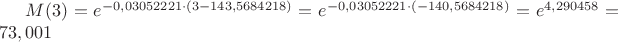 $M(3) = e ^ {-0,03052221 \cdot (3 - 143,5684218) } = e ^ {-0,03052221 \cdot (-140,5684218) } = 
e ^ {4,290458} = 73,001 $