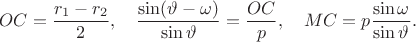$$
OC=\frac{r_1-r_2}{2},\quad \frac{\sin(\vartheta-\omega)}{\sin\vartheta}=\frac{OC}{p},\quad MC=p\frac{\sin\omega}{\sin\vartheta}.
$$