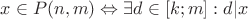 $x \in P(n,m) \Leftrightarrow \exists d \in [k;m]: d | x$