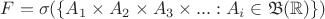 $F=\sigma(\{A_1\times A_2 \times A_3\times ...: A_i\in {\mathfrak B}({\mathbb R}) \})$