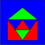 \begin{tikzpicture}
\draw[fill=blue] (-1,-1)--(2,-1)--(2,2)--(-1,2)--cycle;
\draw[fill=red] (0,0)--(1,0)--(0.5,0.7)--cycle;
\draw[fill=green] (0,0)--(1,0)--(0.5,-0.7)--cycle;
\draw[fill=blue] (0,0)--(-0.5,0.7)--(0.5,0.7)--cycle;
\draw[fill=blue] (1,0)--(1.5,0.7)--(0.5,0.7)--cycle;
\draw[fill=green] (-0.5,0.7)--(1.5,0.7)--(0.5,1.5)--cycle;
\draw[fill=red] (0.5,-0.7)--(1.5,0.7)--(1.5,-0.7)--cycle;
\draw[fill=red] (0.5,-0.7)--(-0.5,0.7)--(-0.5,-0.7)--cycle;
\end{tikzpicture}