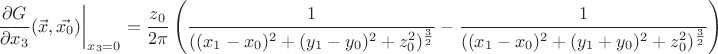 $$
\frac{\partial G}{\partial x_3}(\vec{x},\vec{x_0})\bigg|_{x_3=0}=\frac{z_0}{2\pi}\left(\frac{1}{((x_1-x_0)^2+(y_1-y_0)^2+z_0^2)^{\frac{3}{2}}}-\frac{1}{((x_1-x_0)^2+(y_1+y_0)^2+z_0^2)^{\frac{3}{2}}}\right)
$$ $$
\frac{\partial G}{\partial x_3}(\vec{x},\vec{x_0})\bigg|_{x_3=0}=\frac{z_0}{2\pi}\left(\frac{1}{((x_1-x_0)^2+(y_1-y_0)^2+z_0^2)^{\frac{3}{2}}}-\frac{1}{((x_1-x_0)^2+(y_1+y_0)^2+z_0^2)^{\frac{3}{2}}}\right)
$$