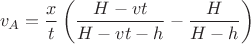 $$v_A=\frac{x}{t}\left(\frac{H-vt}{H-vt-h}-\frac{H}{H-h}\right)$$ $$v_A=\frac{x}{t}\left(\frac{H-vt}{H-vt-h}-\frac{H}{H-h}\right)$$