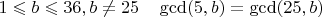 $1\leqslant b\leqslant36,b\ne25\quad\gcd(5,b)=\gcd(25,b)$