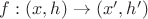 $f:(x, h) \to (x', h')$