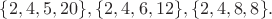 $\{2,4,5,20\},\{2,4,6,12\},\{2,4,8,8\}.$