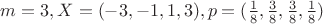 $m=3, X=(-3,-1,1,3),p=(\frac{1}{8},\frac{3}{8},\frac{3}{8},\frac{1}{8})$