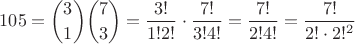 $$105=\binom31\binom73=\frac{3!}{1!2!}\cdot\frac{7!}{3!4!}=\frac{7!}{2!4!}=\frac{7!}{2!\cdot2!^2}$$