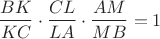 $$\frac{BK}{KC}\cdot\frac{CL}{LA}\cdot\frac{AM}{MB}=1$$